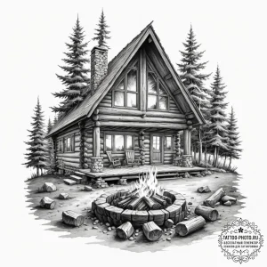 The interior of a log cabin with a fire roari... - эскиз тату (№1754681778_0, 08.08.2025 19:36) — tattoo-photo.ru