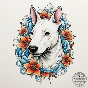Bull terrier, tattoo sketch design, vibrant c... - эскиз тату (№1754682571_0, 08.08.2025 19:49) — tattoo-photo.ru