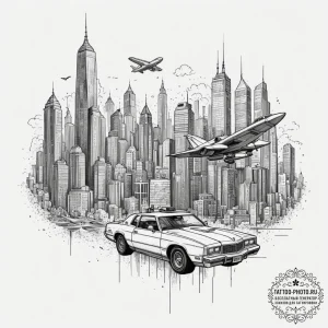 Tattoo design a retro pixelated cityscape wit... - эскиз тату (№1754684188_0, 08.08.2025 20:16) — tattoo-photo.ru