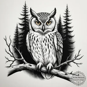 A wise-looking owl perched on a branch in a d... - эскиз тату (№1754687221_0, 08.08.2025 21:07) — tattoo-photo.ru