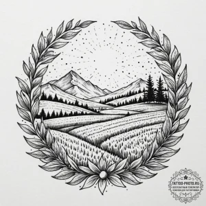 Tattoo design: a landscape of fertile fields... - эскиз тату (№1754692044_0, 08.08.2025 22:27) — tattoo-photo.ru