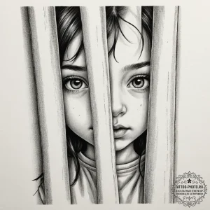 A close-up of a child's face peeking from beh... - эскиз тату (№1754693045_0, 08.08.2025 22:44) — tattoo-photo.ru
