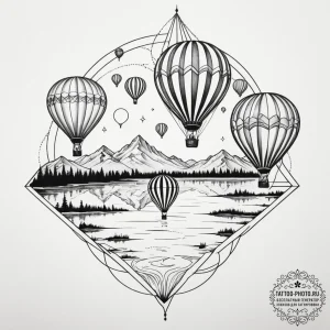 A group of hot air balloons reflected in a ca... - эскиз тату (№1754694625_0, 08.08.2025 23:10) — tattoo-photo.ru