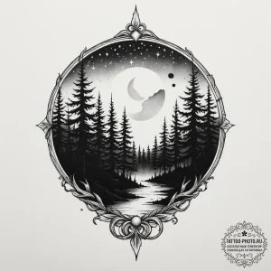 Tattoo design a forest silhouette with a sing... - эскиз тату (№1754696393_0, 08.08.2025 23:39) — tattoo-photo.ru
