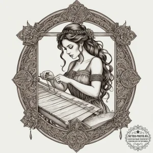 A person weaving a tapestry on a large loom.,... - эскиз тату (№1754696784_0, 08.08.2025 23:46) — tattoo-photo.ru