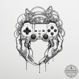 Tattoo sketch a cybernetic hand holding a gam... - эскиз тату (№1754698358_0, 09.08.2025 00:12) — tattoo-photo.ru