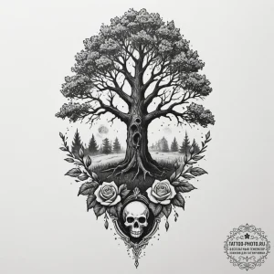 A single, ancient oak tree standing alone in... - эскиз тату (№1754703292_0, 09.08.2025 01:34) — tattoo-photo.ru