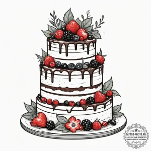 A beautiful, multi-layered cake decorated wit... - эскиз тату (№1754704871_0, 09.08.2025 02:01) — tattoo-photo.ru
