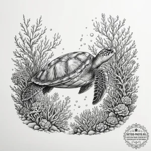 A sea turtle gracefully swimming over a vibra... - эскиз тату (№1754705468_0, 09.08.2025 02:11) — tattoo-photo.ru