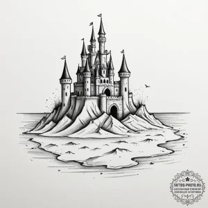 A sandcastle on a beach, with the tide coming... - эскиз тату (№1754706852_0, 09.08.2025 02:34) — tattoo-photo.ru