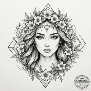 A serene tattoo sketch of the goddess lada, h... - эскиз тату (№1754709417_0, 09.08.2025 03:16) — tattoo-photo.ru