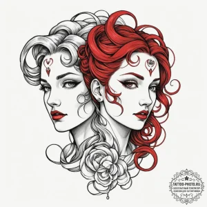 Tattoo sketch gemini faces, one in linework,... - эскиз тату (№1754709614_0, 09.08.2025 03:20) — tattoo-photo.ru