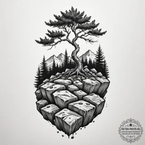 Tattoo sketch a tree growing out of rock, sym... - эскиз тату (№1754714548_0, 09.08.2025 04:42) — tattoo-photo.ru