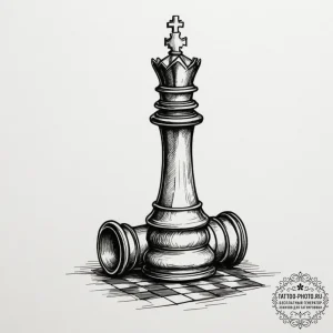 A close-up of a chess piece, the king, tipped... - эскиз тату (№1754715336_0, 09.08.2025 04:55) — tattoo-photo.ru