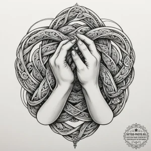 A person's hands tying a complex knot with a... - эскиз тату (№1754715534_0, 09.08.2025 04:58) — tattoo-photo.ru