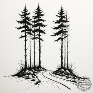 A shot of a line of wind-swept cypress trees... - эскиз тату (№1754715732_0, 09.08.2025 05:02) — tattoo-photo.ru