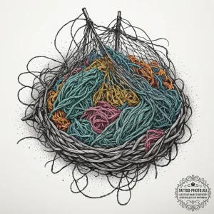 A pile of colorful, discarded fishing nets on... - эскиз тату (№1754719082_0, 09.08.2025 05:58) — tattoo-photo.ru