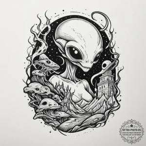 Alien landscape, tattoo flash sheet design, n... - эскиз тату (№1754731091_0, 09.08.2025 09:18) — tattoo-photo.ru