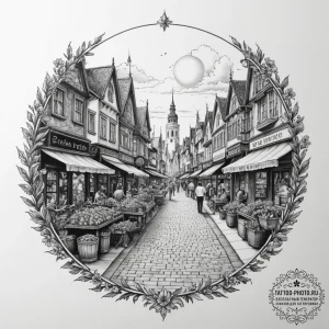 Tattoo design a vibrant market street from a... - эскиз тату (№1754732673_0, 09.08.2025 09:44) — tattoo-photo.ru