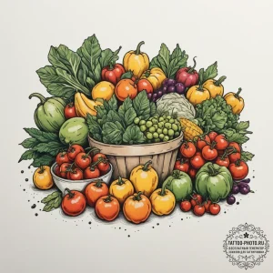 A shot of a farmer's market stall, overflowin... - эскиз тату (№1754732870_0, 09.08.2025 09:47) — tattoo-photo.ru