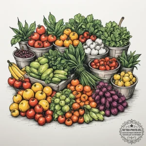 A shot of a farmer's market stall, overflowin... - эскиз тату (№1754733879_0, 09.08.2025 10:04) — tattoo-photo.ru