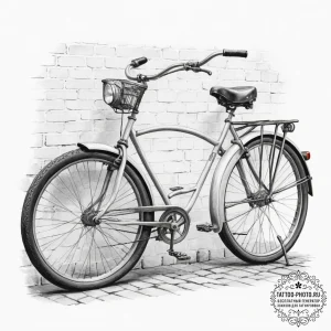 A beautifully restored vintage bicycle leanin... - эскиз тату (№1754734468_0, 09.08.2025 10:14) — tattoo-photo.ru