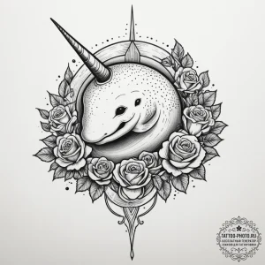 A narwhal, tattoo drawing outline, chicano ta... - эскиз тату (№1754735677_0, 09.08.2025 10:34) — tattoo-photo.ru