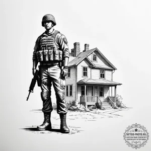 Tattoo sketch a silhouette of a soldier stand... - эскиз тату (№1754736072_0, 09.08.2025 10:41) — tattoo-photo.ru