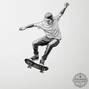 A teenager skateboarding at a skate park duri... - эскиз тату (№1754736468_0, 09.08.2025 10:47) — tattoo-photo.ru