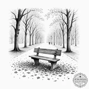 A lonely bench in a city park during autumn,... - эскиз тату (№1754738276_0, 09.08.2025 11:17) — tattoo-photo.ru