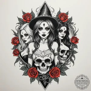 A coven of witches around a fire, artistic ta... - эскиз тату (№1754739295_0, 09.08.2025 11:34) — tattoo-photo.ru