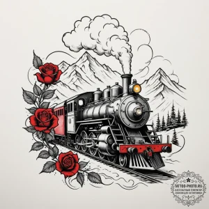 A powerful steam locomotive chugging through... - эскиз тату (№1754743183_0, 09.08.2025 12:39) — tattoo-photo.ru