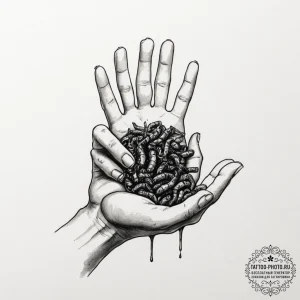 A child's hand holding a fistful of earthworm... - эскиз тату (№1754747346_0, 09.08.2025 13:49) — tattoo-photo.ru
