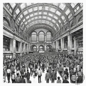 A crowded platform in a grand, old train stat... - эскиз тату (№1754749112_0, 09.08.2025 14:18) — tattoo-photo.ru