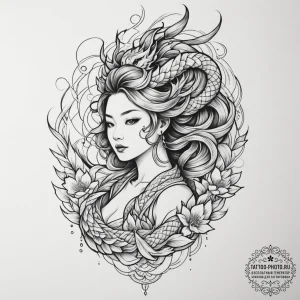 Tattoo design: a stylized female figure with... - эскиз тату (№1754751077_0, 09.08.2025 14:51) — tattoo-photo.ru