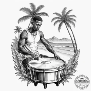 A person playing a steel drum on a tropical b... - эскиз тату (№1754751468_0, 09.08.2025 14:57) — tattoo-photo.ru