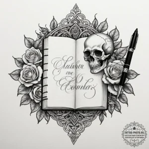 A detailed shot of a leather-bound journal an... - эскиз тату (№1754752250_0, 09.08.2025 15:10) — tattoo-photo.ru