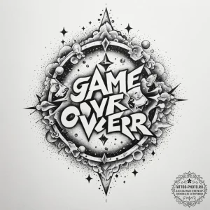 Tattoo sketch an abstract "game over" screen... - эскиз тату (№1754752647_0, 09.08.2025 15:17) — tattoo-photo.ru