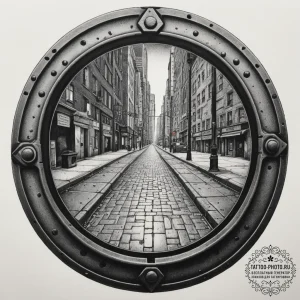 A detailed shot of a manhole cover on a wet c... - эскиз тату (№1754757239_0, 09.08.2025 16:33) — tattoo-photo.ru
