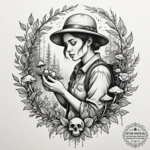 A shot of a person foraging for wild mushroom... - эскиз тату (№1754757436_0, 09.08.2025 16:37) — tattoo-photo.ru