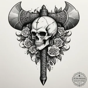Tattoo sketch a barbarian's axe with a skull... - эскиз тату (№1754760656_0, 09.08.2025 17:30) — tattoo-photo.ru
