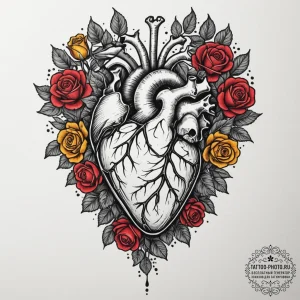 Tattoo sketch a realistic anatomical heart wi... - эскиз тату (№1754765491_0, 09.08.2025 18:51) — tattoo-photo.ru
