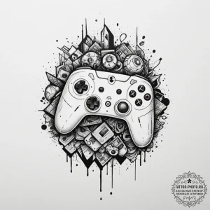 Tattoo sketch a gamer's hand blending into th... - эскиз тату (№1754770907_0, 09.08.2025 20:21) — tattoo-photo.ru