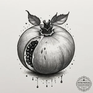 A close-up of a pomegranate, with its seeds e... - эскиз тату (№1754772700_0, 09.08.2025 20:51) — tattoo-photo.ru