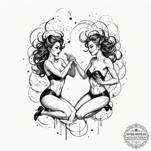 Tattoo sketch gemini twins playfully pulling... - эскиз тату (№1754779947_0, 09.08.2025 22:52) — tattoo-photo.ru