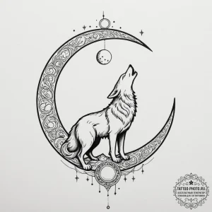 Tattoo sketch: a stylized wolf howling at a l... - эскиз тату (№1754782757_0, 09.08.2025 23:39) — tattoo-photo.ru