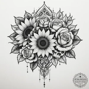 Sunflower, tattoo drawing outline, chicano ta... - эскиз тату (№1754786497_0, 10.08.2025 00:41) — tattoo-photo.ru