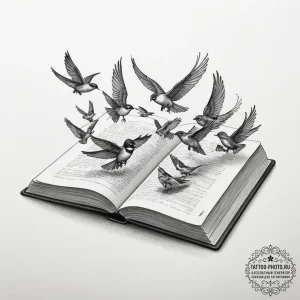 A book with pages turning into birds, concept... - эскиз тату (№1754786696_0, 10.08.2025 00:44) — tattoo-photo.ru