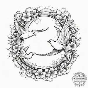 Tattoo design a pair of doves in flight, symb... - эскиз тату (№1754794501_0, 10.08.2025 02:55) — tattoo-photo.ru