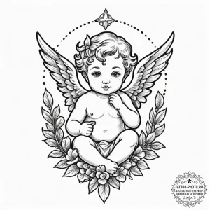Cherub, tattoo drawing outline, on a clean wh... - эскиз тату (№1754795106_0, 10.08.2025 03:05) — tattoo-photo.ru